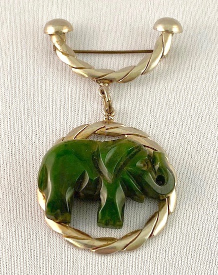 BP96 chrome charm pin with green bakelite elephant